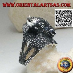 Silver ring in the shape of a fully engraved American bison head (large)
