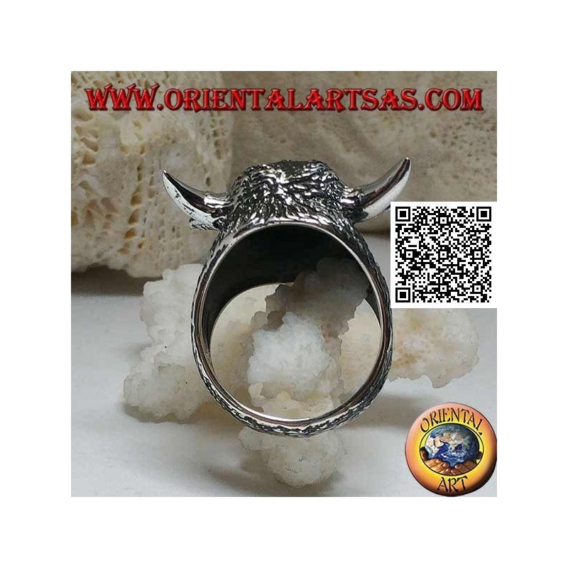 Bague en argent en forme de tête de bison d'Amérique entièrement gravée (grande)