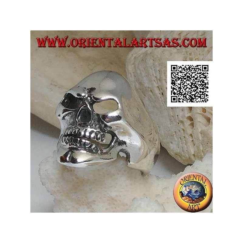 Bague en argent, crâne lisse souriant avec fossette sur le menton