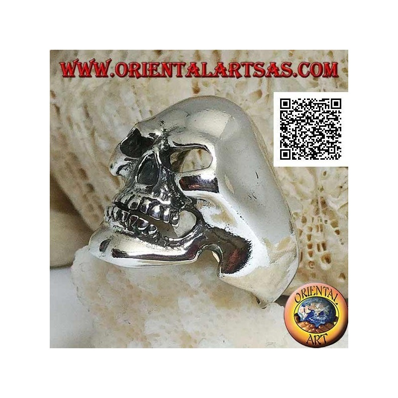 Anello in argento, teschio liscio sorridente con la fossetta sul mento