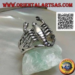 Silver ring in the shape of a smooth scorpion rounded on the algae