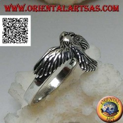 Silver ring with phoenix with spread and spread wings in flight