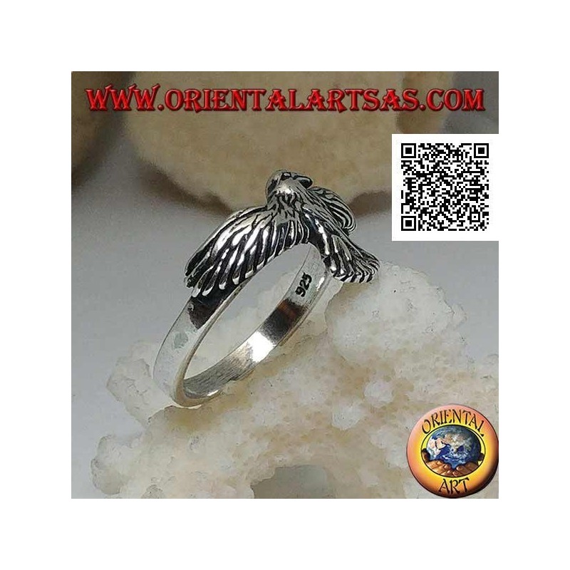Bague en argent avec phénix aux ailes déployées et déployées en vol
