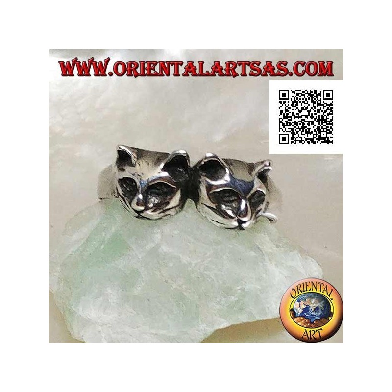 Anello in argento con coppia di gatti (teste)