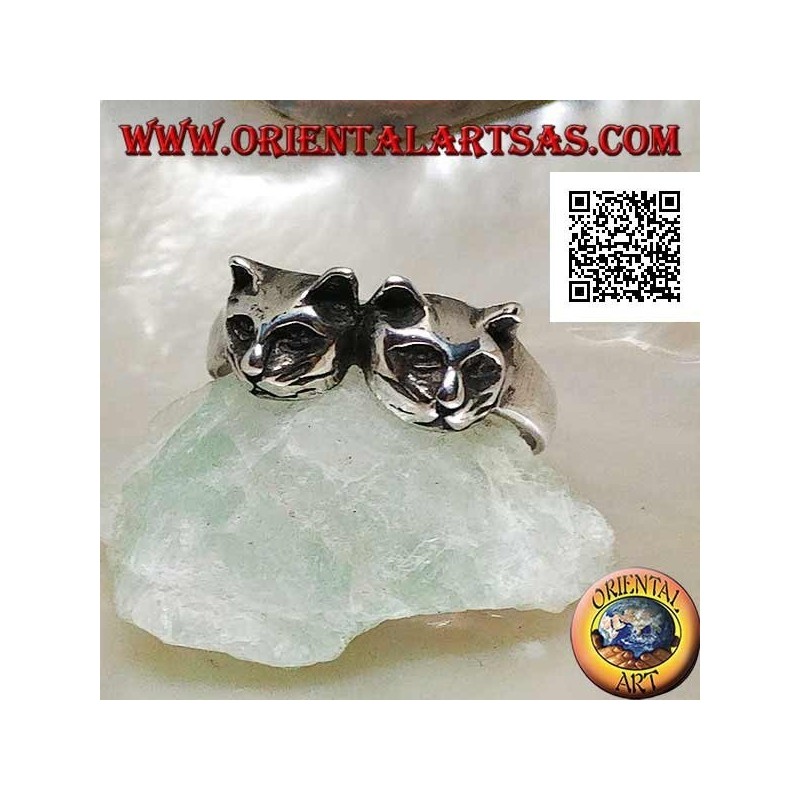 Bague en argent avec paire de chats (têtes)