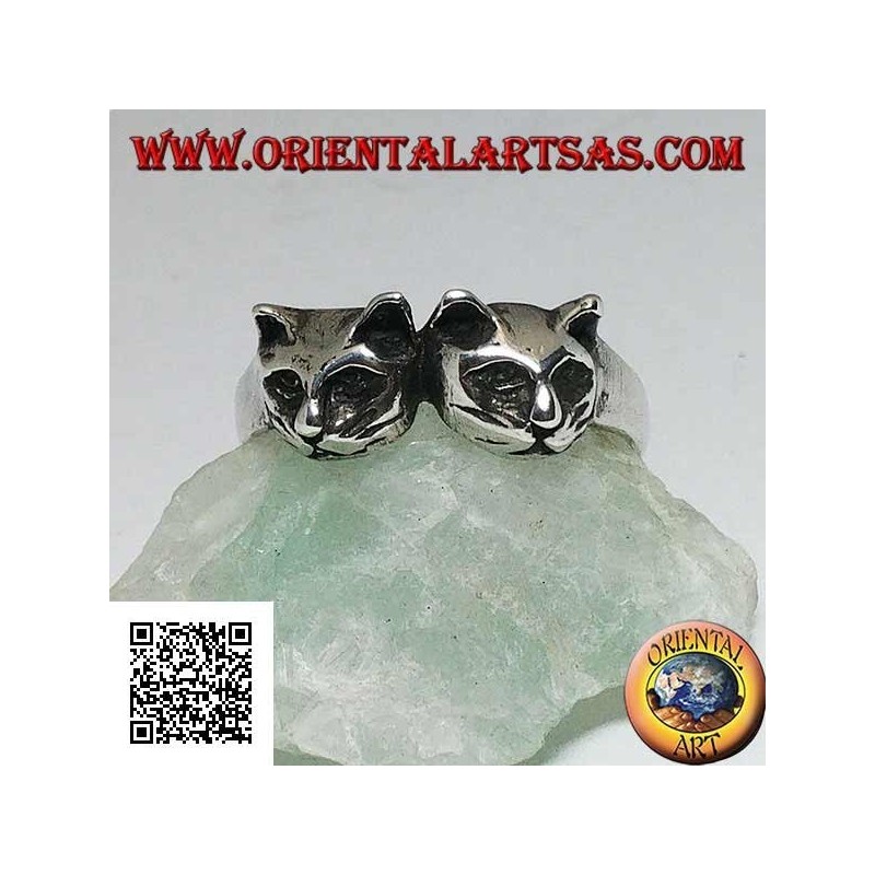 Bague en argent avec paire de chats (têtes)
