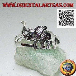 Silver ring with walking Asian elephant and trunk up