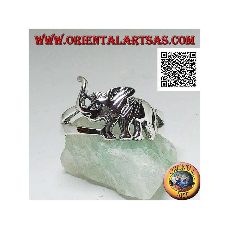 Silver ring with walking Asian elephant and trunk up