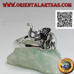 Silver ring with walking Asian elephant and trunk up