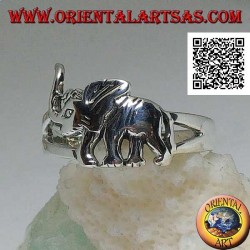 Silver ring with walking Asian elephant and trunk up