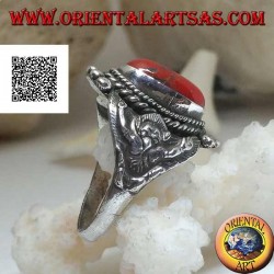 Silver ring with ancient Tibetan coral on Nepalese setting with Garuḍa (progenitor god of birds) on the sides
