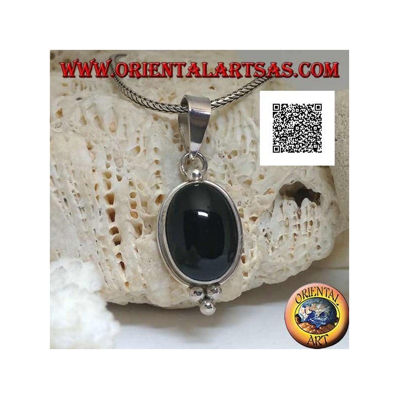 Silver pendant with oval cabochon onyx on smooth setting and three balls below