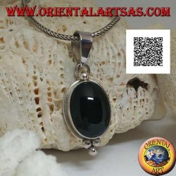 Silver pendant with oval cabochon onyx on smooth setting and three balls below