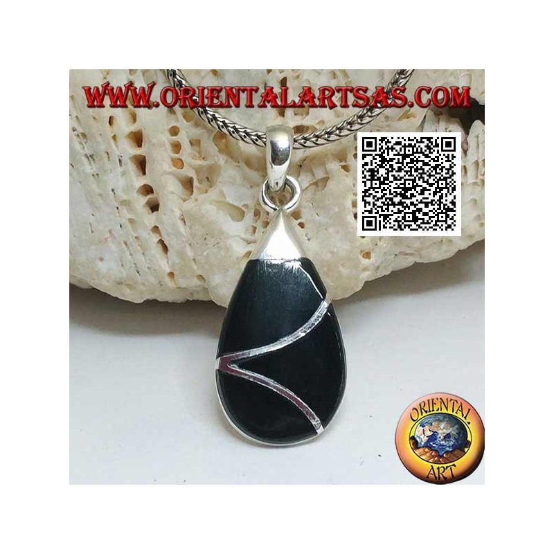 Drop silver pendant with onyx and intersecting sinuous line