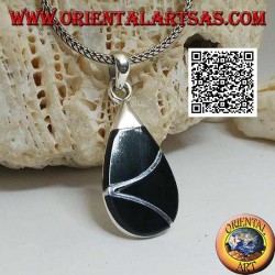 Drop silver pendant with onyx and intersecting sinuous line