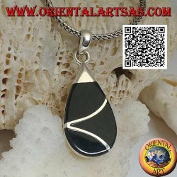 Drop silver pendant with onyx and intersecting sinuous line