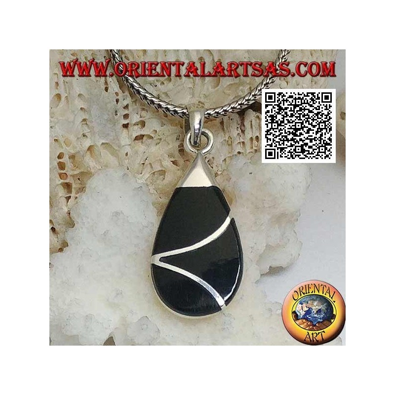 Drop silver pendant with onyx and intersecting sinuous line