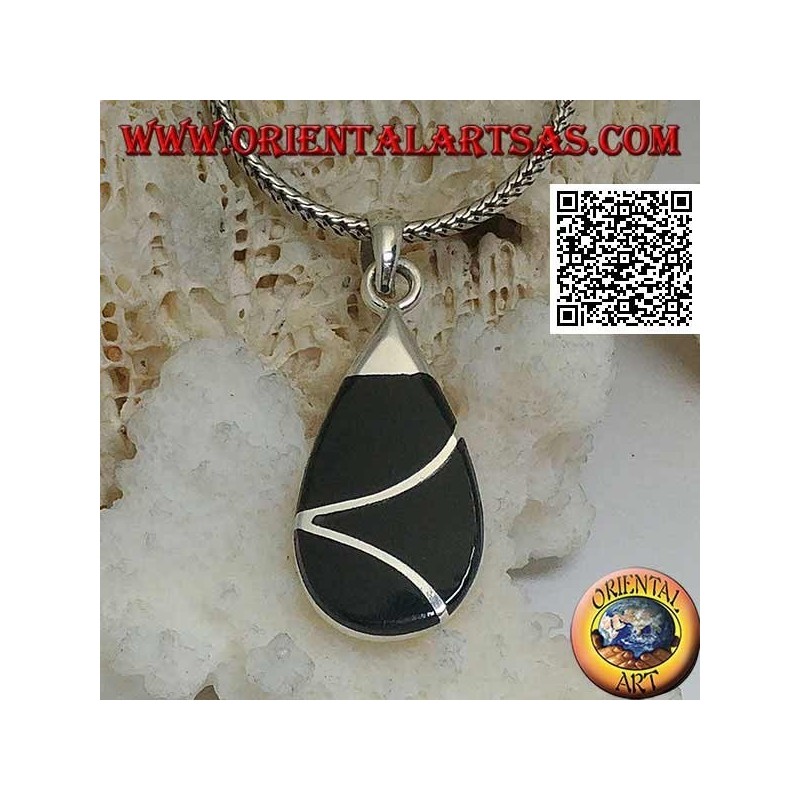 Drop silver pendant with onyx and intersecting sinuous line