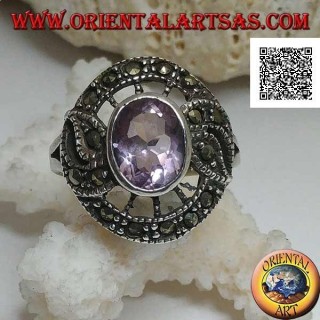 Silver ring in the shape of a snitch with natural oval amethyst and marcasite