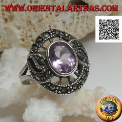 Silberring in Form eines Schnatzes mit natürlichem ovalem Amethyst und Markasit