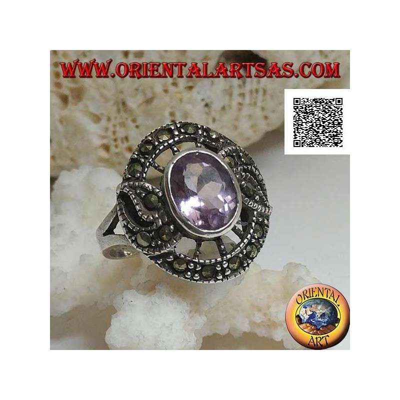 Silberring in Form eines Schnatzes mit natürlichem ovalem Amethyst und Markasit