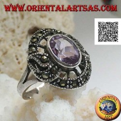 Anillo de plata en forma de snitch con amatista ovalada natural y marcasita