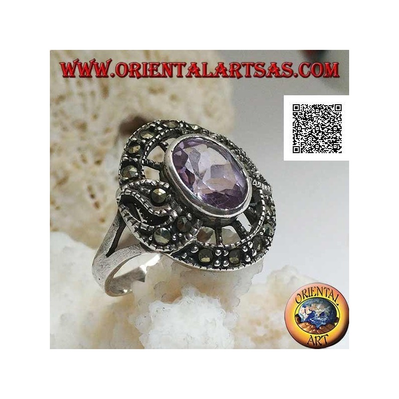 Anillo de plata en forma de snitch con amatista ovalada natural y marcasita