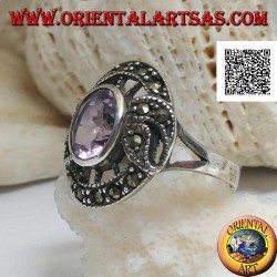 Anillo de plata en forma de snitch con amatista ovalada natural y marcasita