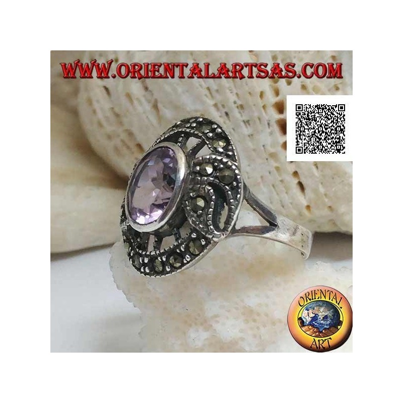 Bague en argent en forme de vif d'or avec améthyste ovale naturelle et marcassite