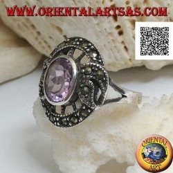Silver ring in the shape of a snitch with natural oval amethyst and marcasite