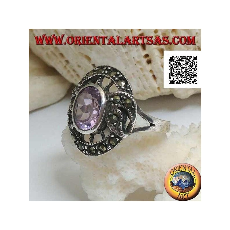Anillo de plata en forma de snitch con amatista ovalada natural y marcasita