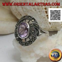 Silver ring in the shape of a snitch with natural oval amethyst and marcasite