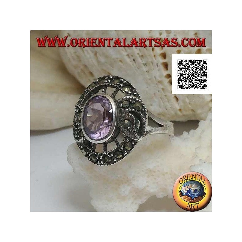 Silberring in Form eines Schnatzes mit natürlichem ovalem Amethyst und Markasit