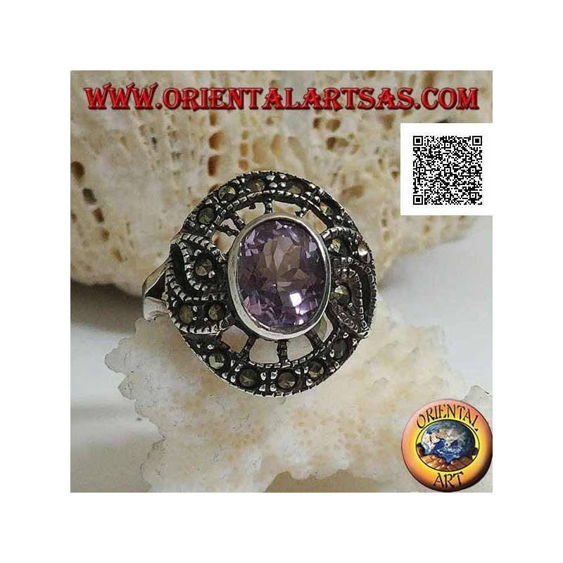 Silberring in Form eines Schnatzes mit natürlichem ovalem Amethyst und Markasit