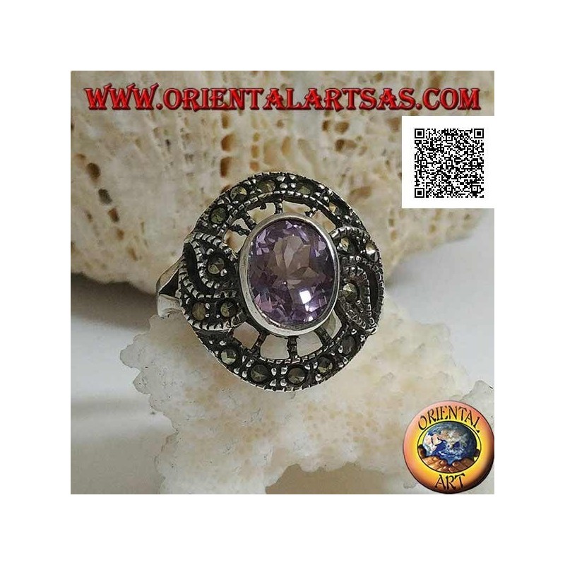 Silberring in Form eines Schnatzes mit natürlichem ovalem Amethyst und Markasit