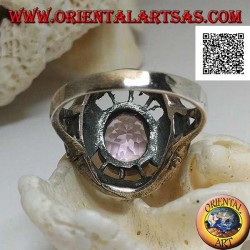 Silver ring in the shape of a snitch with natural oval amethyst and marcasite