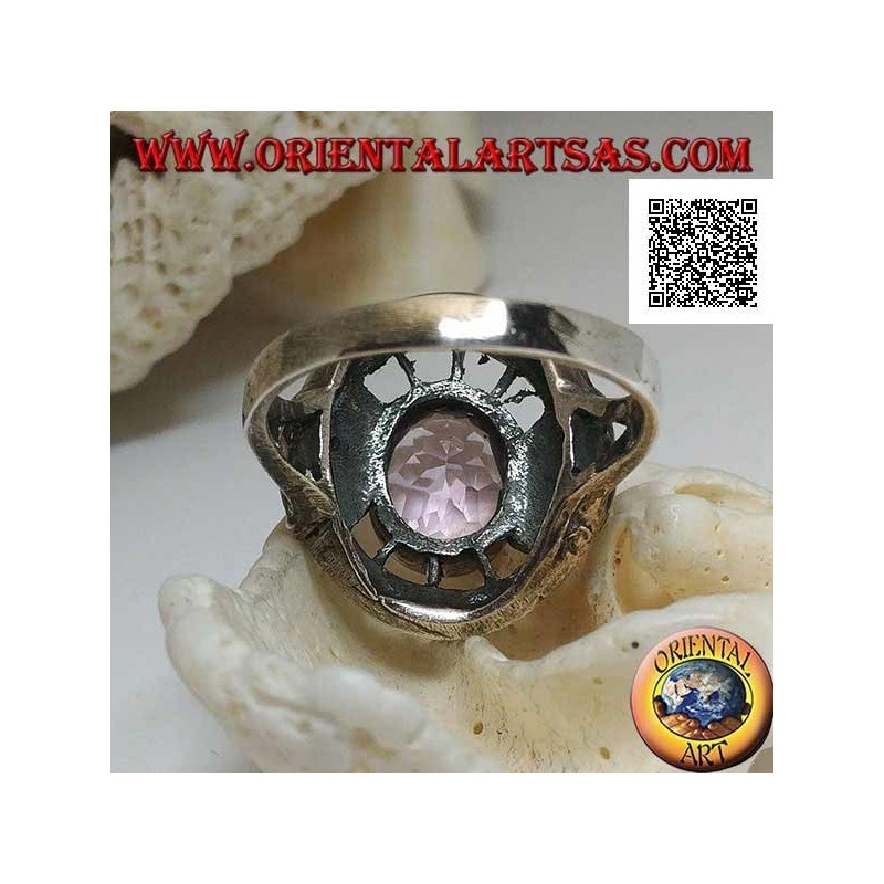 Anello in argento a forma di boccino con ametista ovale naturale e marcassite