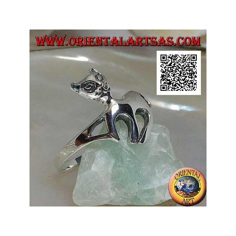 Silver ring in the shape of a cat on a graceful walk