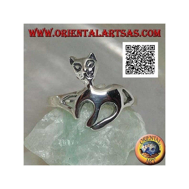 Silver ring in the shape of a cat on a graceful walk