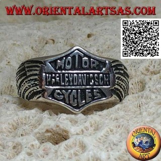 Anillo de plata con emblema Motor Harley Davidson Cycles con alas grabadas en los laterales