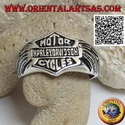 Anillo de plata con emblema Motor Harley Davidson Cycles con alas grabadas en los laterales