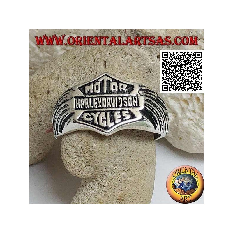 Bague en argent avec emblème Motor Harley Davidson Cycles avec ailes gravées sur les côtés