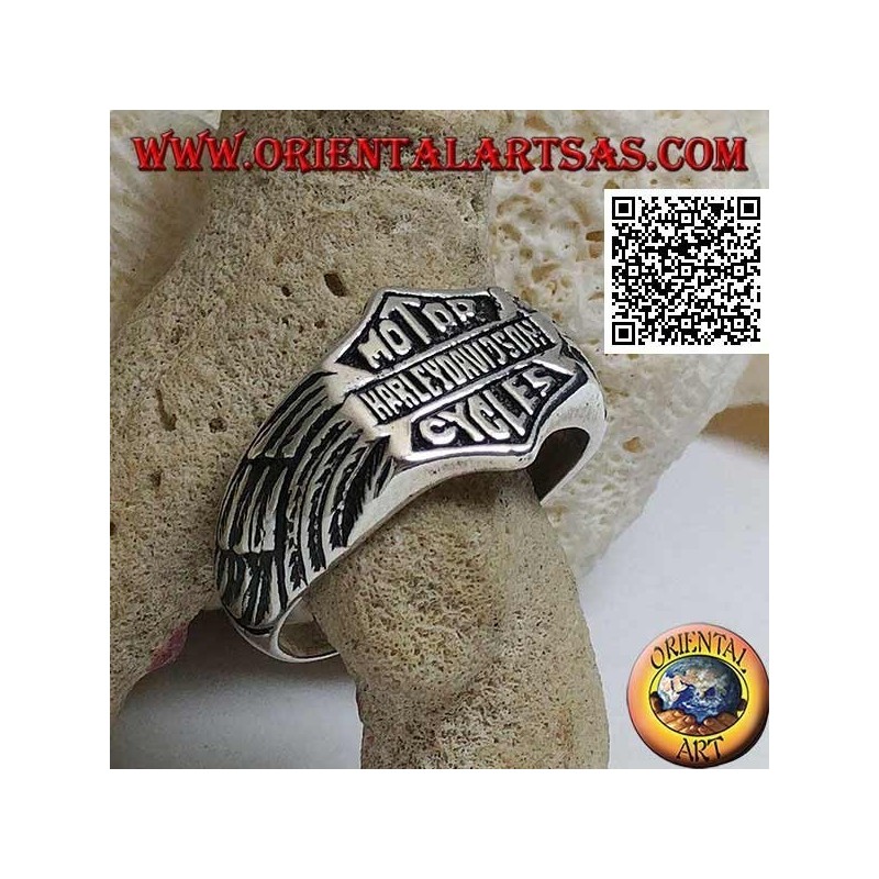 Anillo de plata con emblema Motor Harley Davidson Cycles con alas grabadas en los laterales
