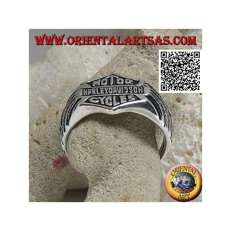 Bague en argent avec emblème Motor Harley Davidson Cycles avec ailes gravées sur les côtés