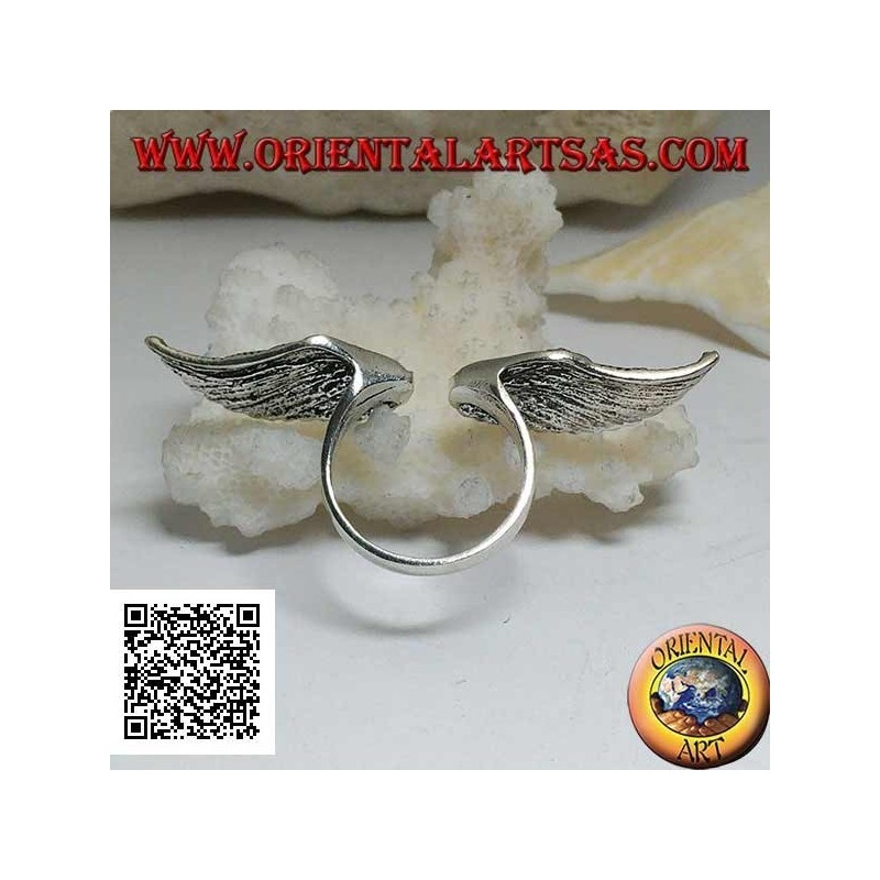 Anello in argento con doppie ali d'angelo spiegate e aperte