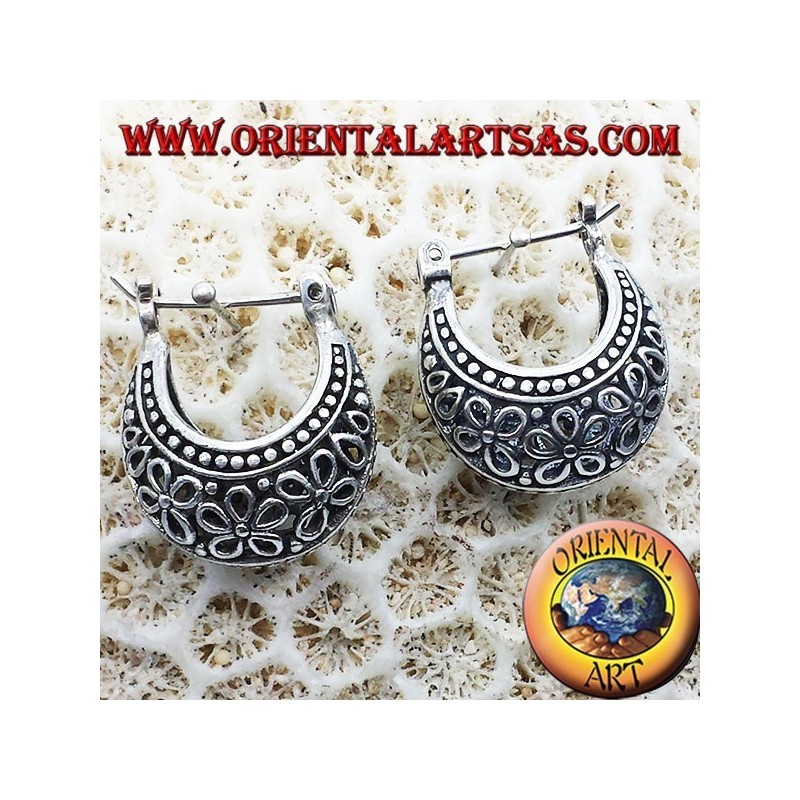 earrings crescent circle openwork flowers in small silver