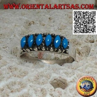 Anillo de plata con 6 lanzadera cabujón turquesa rodeado de bolas