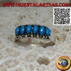 Silver ring with 6 cabochon shuttle turquoise surrounded by balls