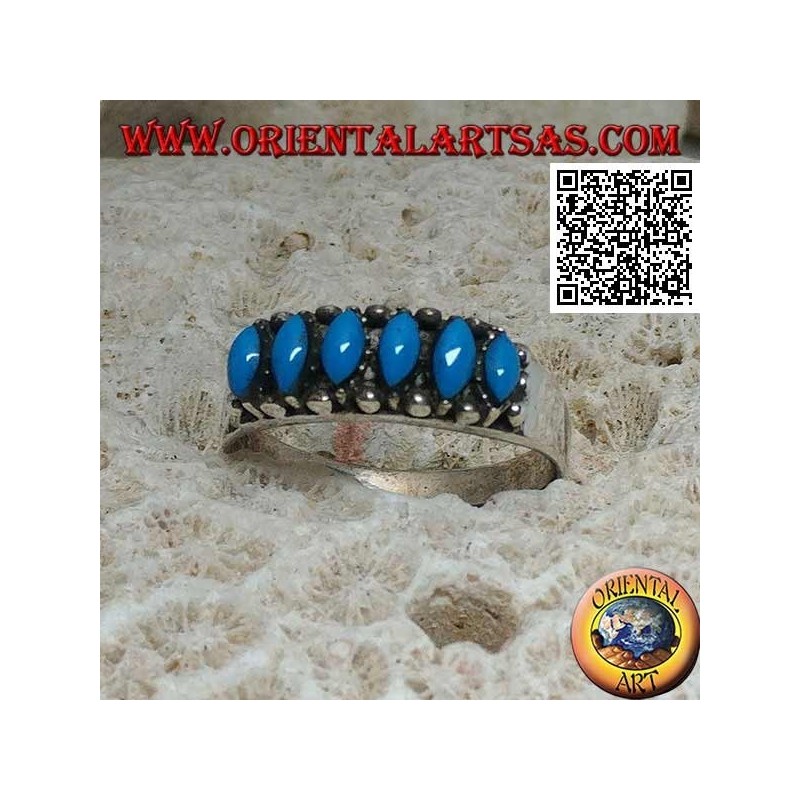 Anillo de plata con 6 lanzadera cabujón turquesa rodeado de bolas