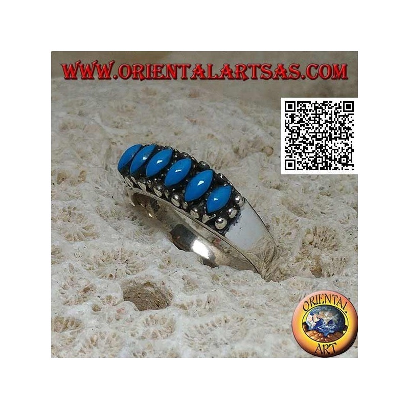 Silver ring with 6 cabochon shuttle turquoise surrounded by balls